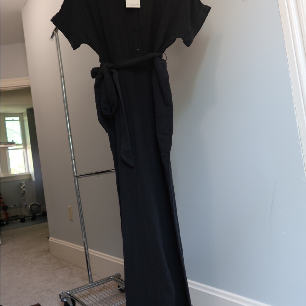 Pact Black Button-Front Jumpsuit with Tie Waist